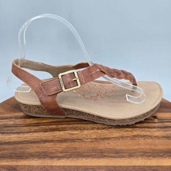 Aetrex Harper Sandals Womens 8.5 Brown Leather Braided Thong Comfort Orthotic - Picture 1 of 7